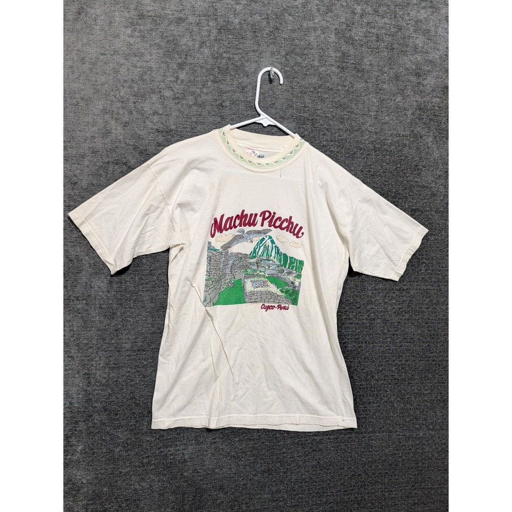 Vintage Machu Picchu Cusco Peru Graphic T-Shirt Cream Souvenir Tee Mens Small